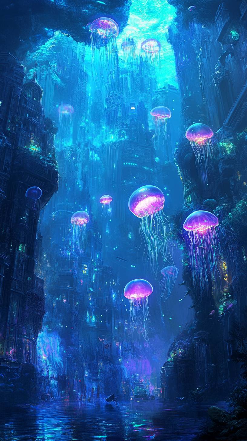 An underwater metropolis sculpted from luminescent coral, illuminated by glowing jellyfish in deep blues and electric purples.