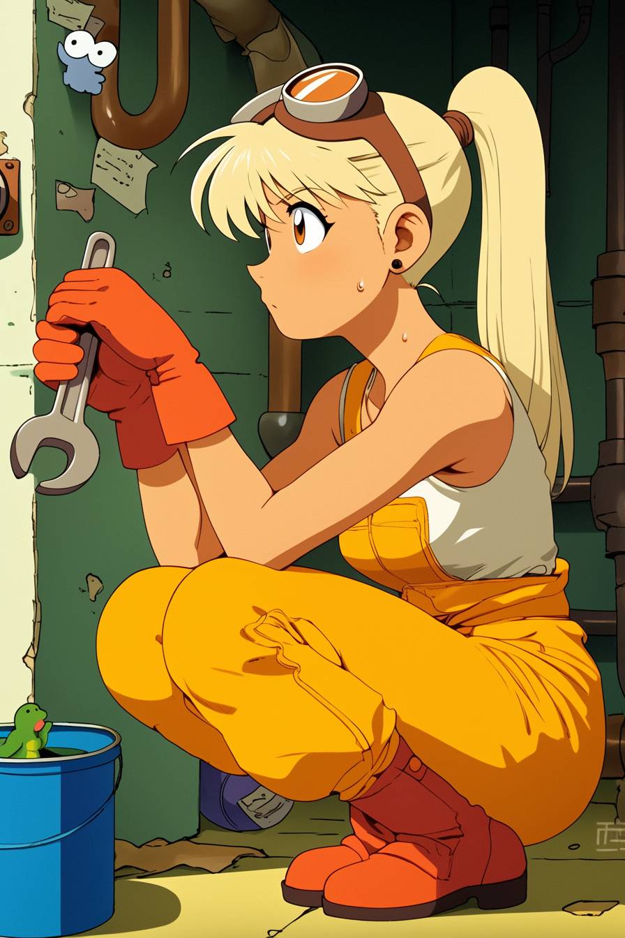 Lily James cosplaying as Winry Rockbell from Fullmetal Alchemist in a mechanic outfit, holding a wrench.