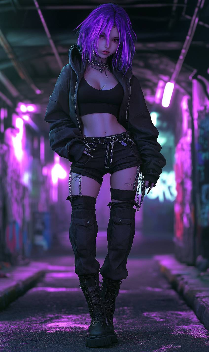 An edgy anime girl with asymmetrical purple hair wearing a black cropped hoodie, cargo pants with chains, platform combat boots, and fingerless gloves.