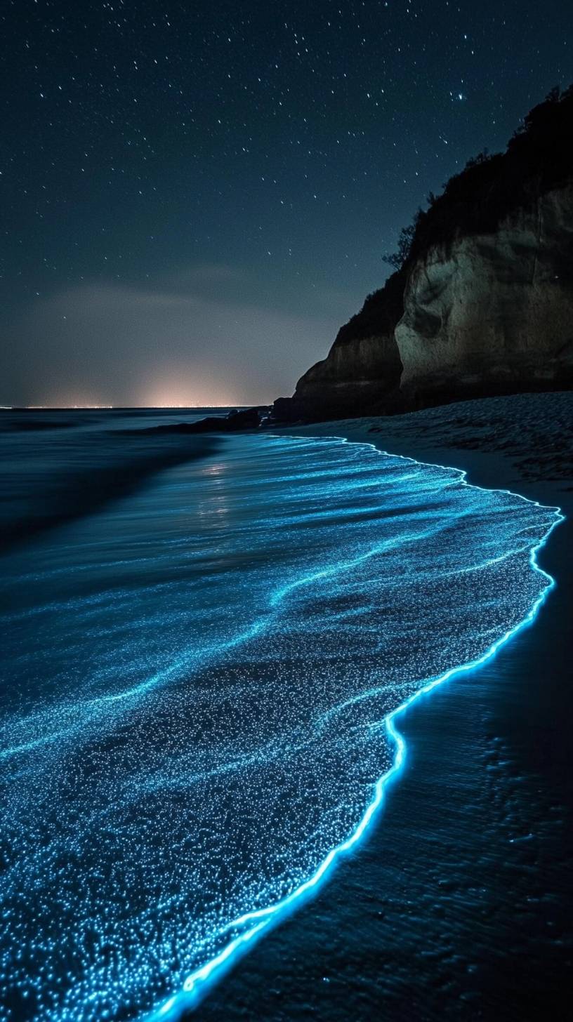 Ondas bioluminescentes brilhantes em uma noite escura na praia