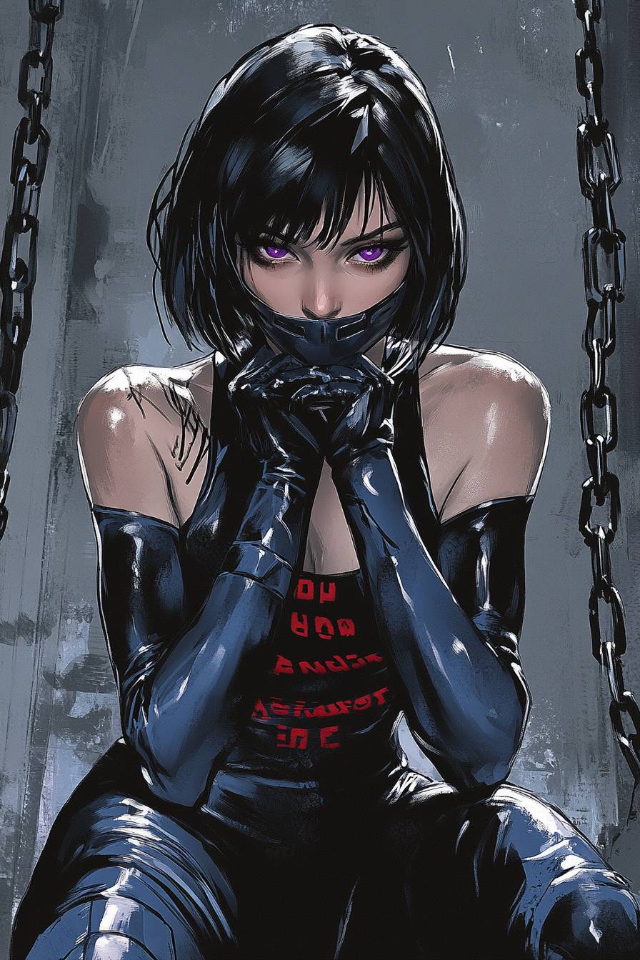 Jennifer Lawrence in a black and blue bodysuit with long gloves, short dark hair, and chains around her neck.