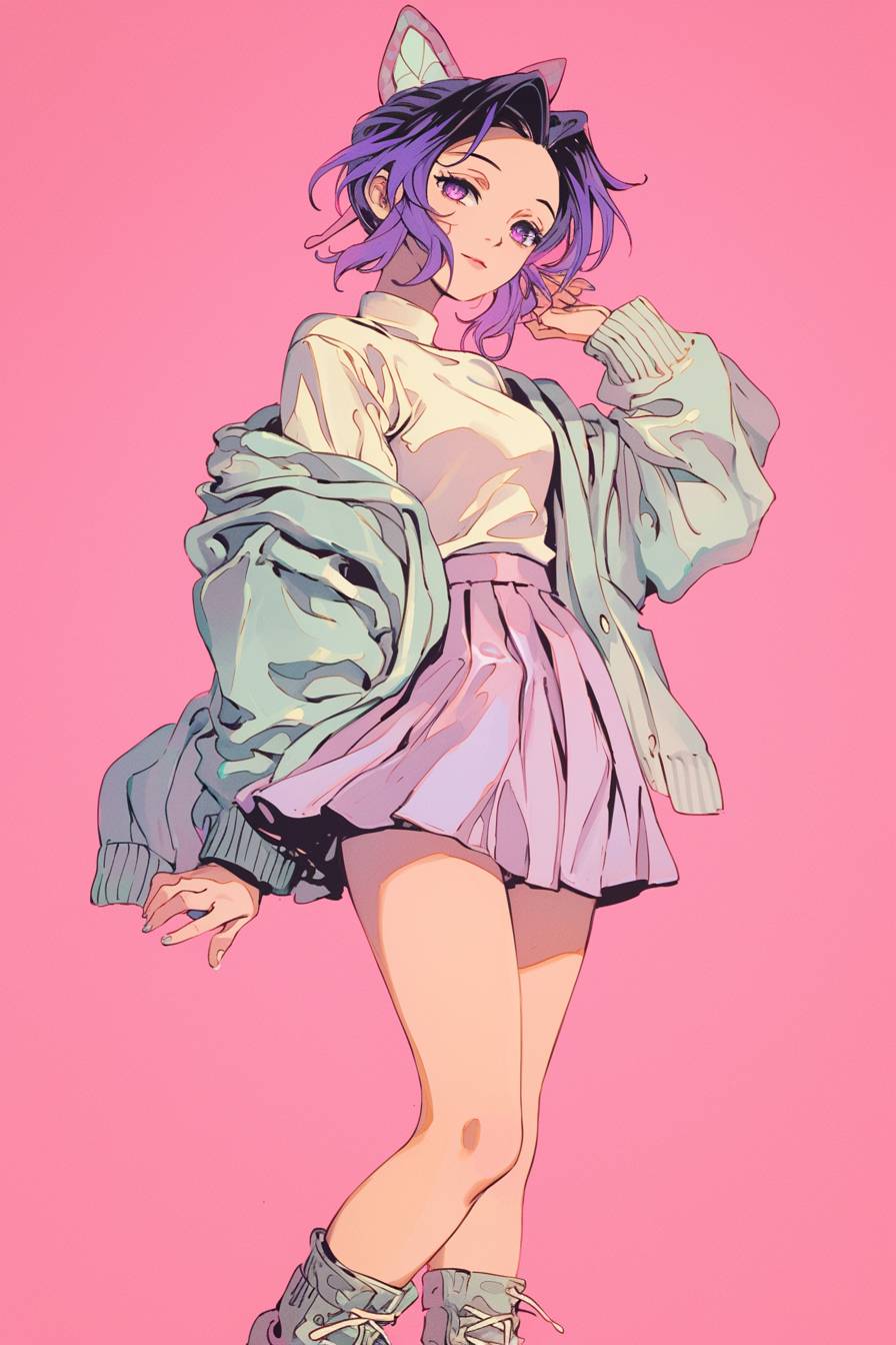 Un personnage de style anime inspiré de Shinobu Kocho de Demon Slayer, portant un cardigan pastel, une jupe plissée et des bottines, posant avec grâce.