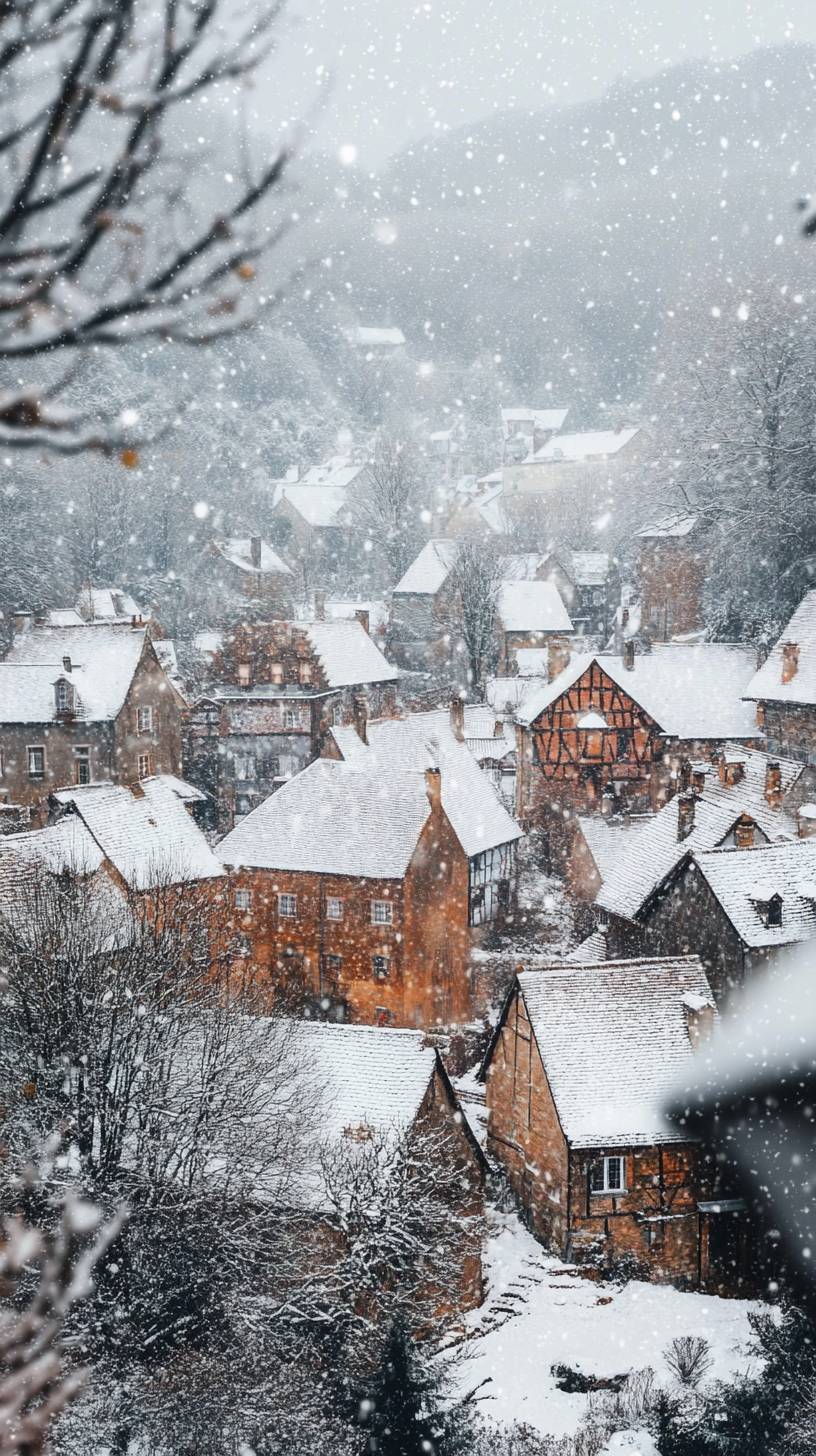 Gentle snowfall over a quiet countryside village