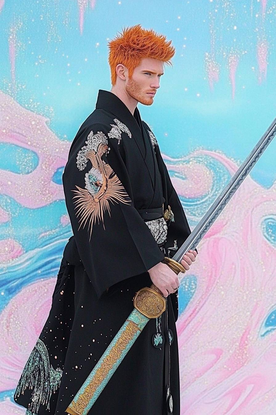 Chris Pratt cosplaying as Ichigo Kurosaki from Bleach, wearing a black shinigami robe, orange hair, and wielding a large sword against a dramatic sky in a vibrant anime style.