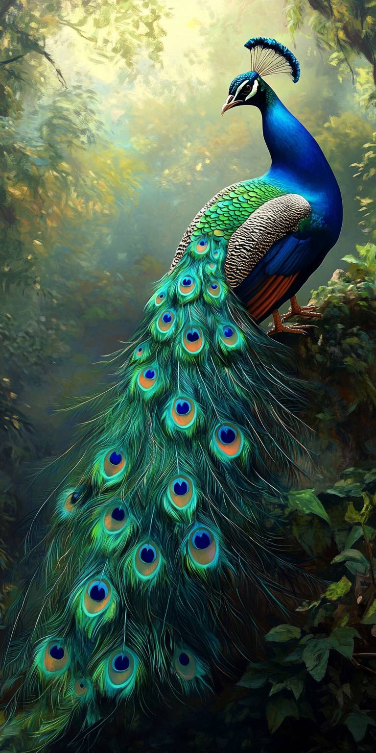 A vibrant peacock displaying its feathers against a soft forest background.