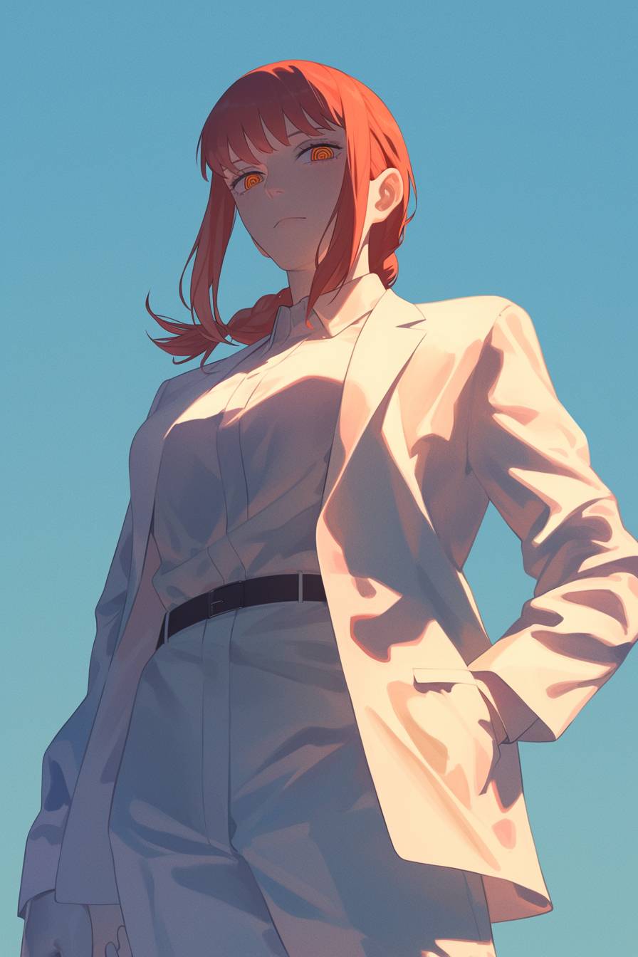 A mysterious anime female character based on Makima from Chainsaw Man with reddish-blonde hair in a minimalist white jacket and slim-fit pants, standing against a light blue background.