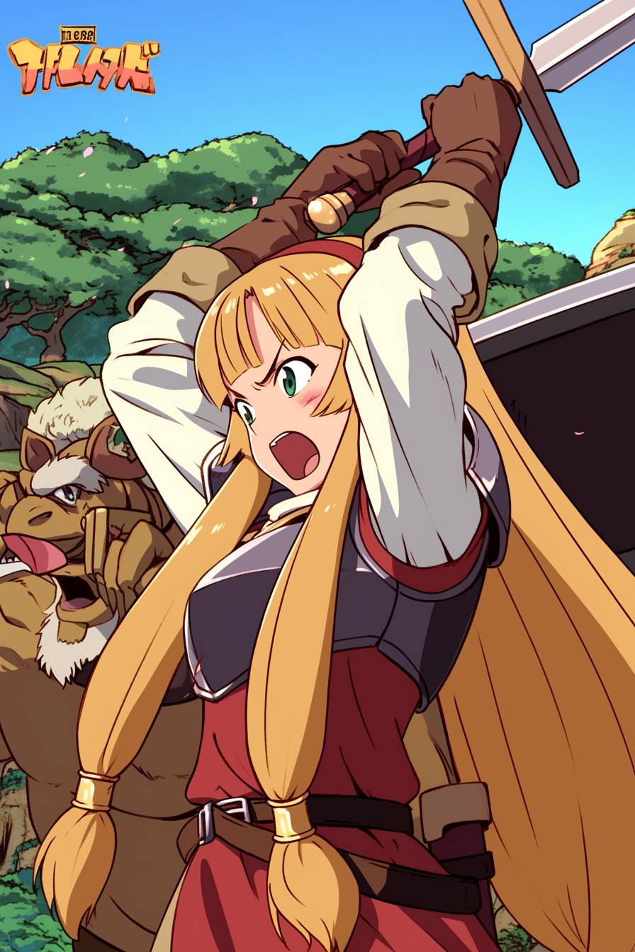 Elle Fanning cosplays as Raphtalia from The Rising of the Shield Hero, wearing a red dress and holding a sword in a fantasy setting.