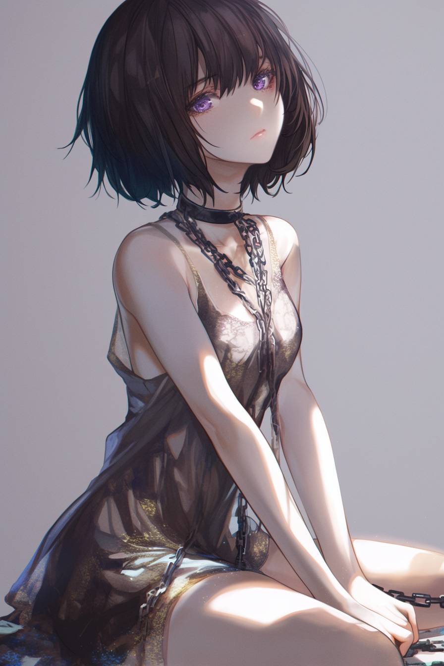 A beautiful Akame in a sleeveless dress, sitting with chains around her neck, light purple eyes, and dark bob cut hair on a grey background.