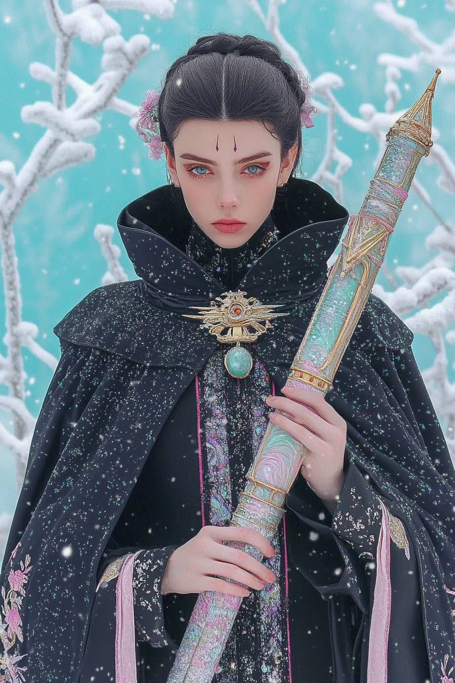 Anne Hathaway se fantasiando de Rukia Kuchiki de Bleach, vestindo um manto negro de shinigami, segurando um zanpakuto em uma sociedade das almas nevada.