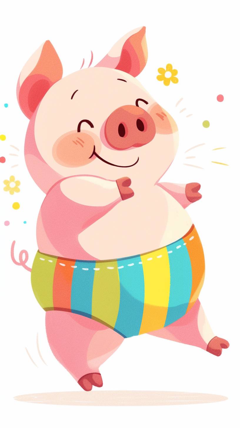 A cute pig in colorful striped pants is happily running.