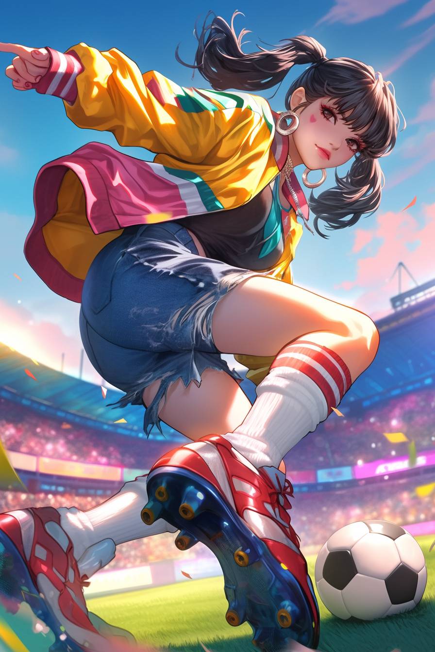 Takanotsume Yorita de Blue Lock vistiendo el estilo ecléctico de Lady Gaga, con una chaqueta de bomber colorida, jeans rasgados y zapatos de plataforma, pateando un balón de fútbol.