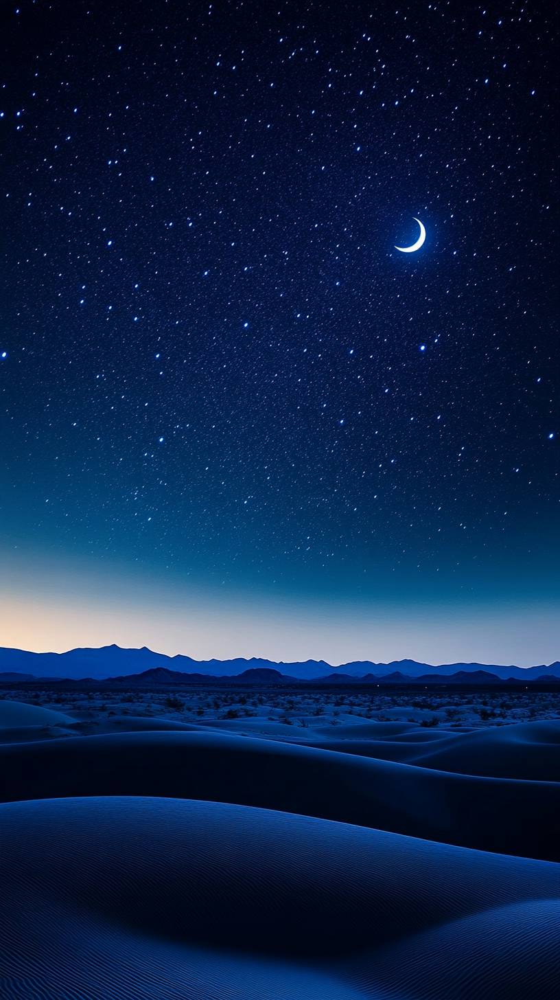 Une nuit sereine dans le désert avec un croissant de lune et un ciel étoilé.