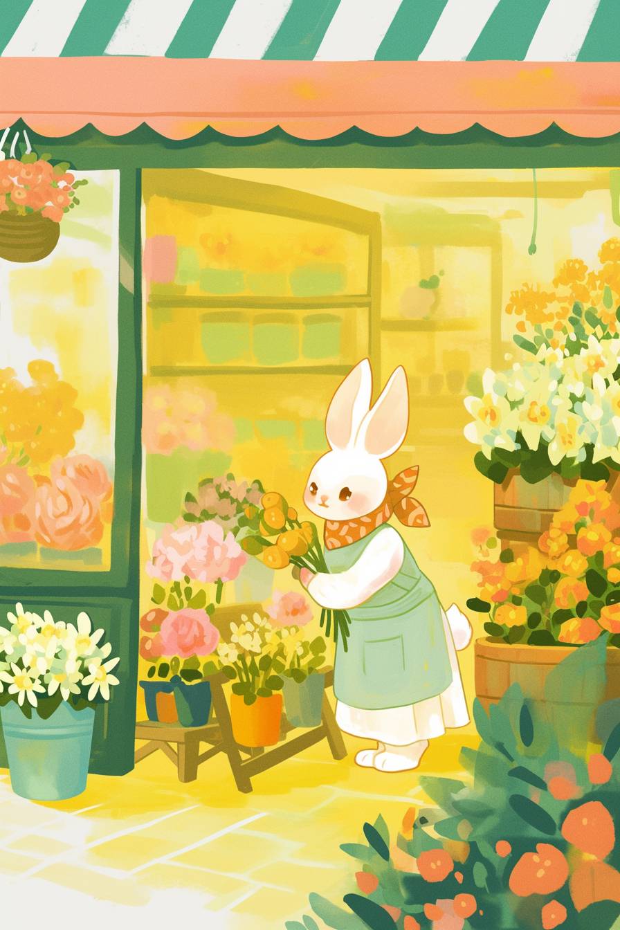 A cute little rabbit is selling flowers in front of a flower shop.