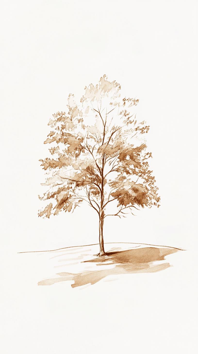 A single tree sketch with soft brown lines, minimal foliage, and an elegant white backdrop.