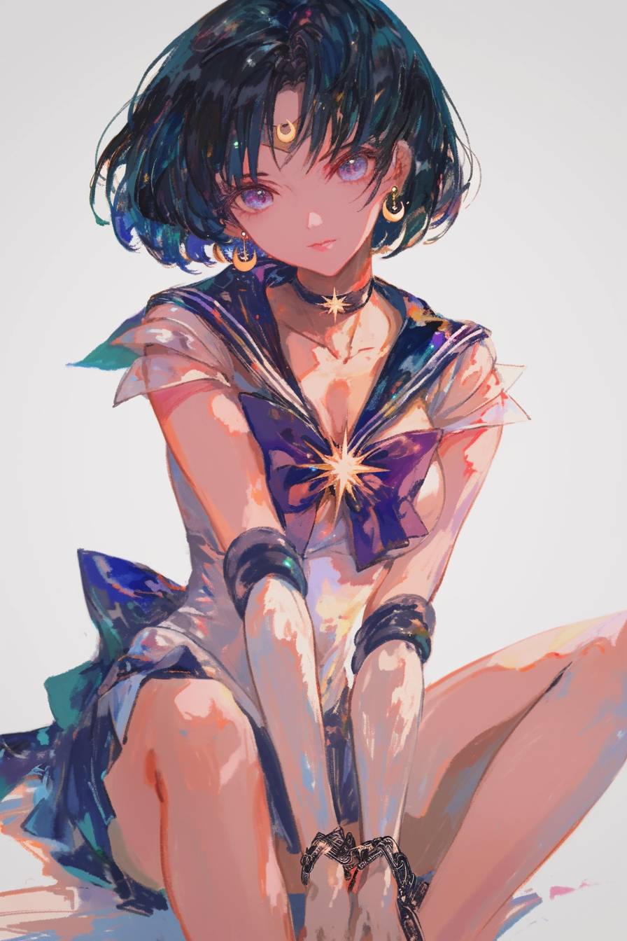 A beautiful Sailor Moon in a short strap dress with light purple eyes, short dark hair, sitting pose, chains around her neck, grey background.