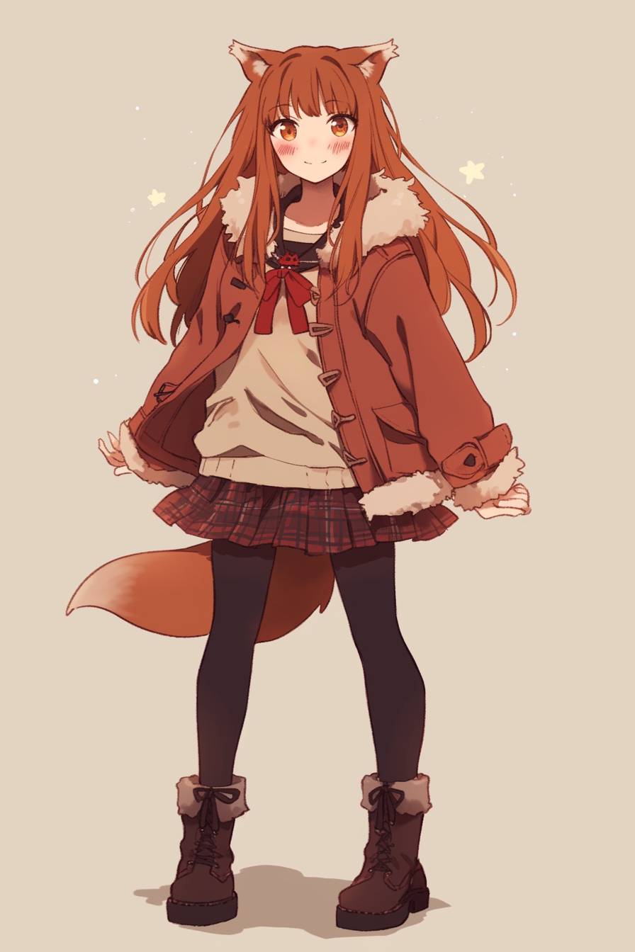 A fiery anime-style character inspired by Holo from Spice and Wolf with reddish-brown hair in a shearling jacket, corduroy skirt, and ankle boots, set against a simple taupe backdrop.