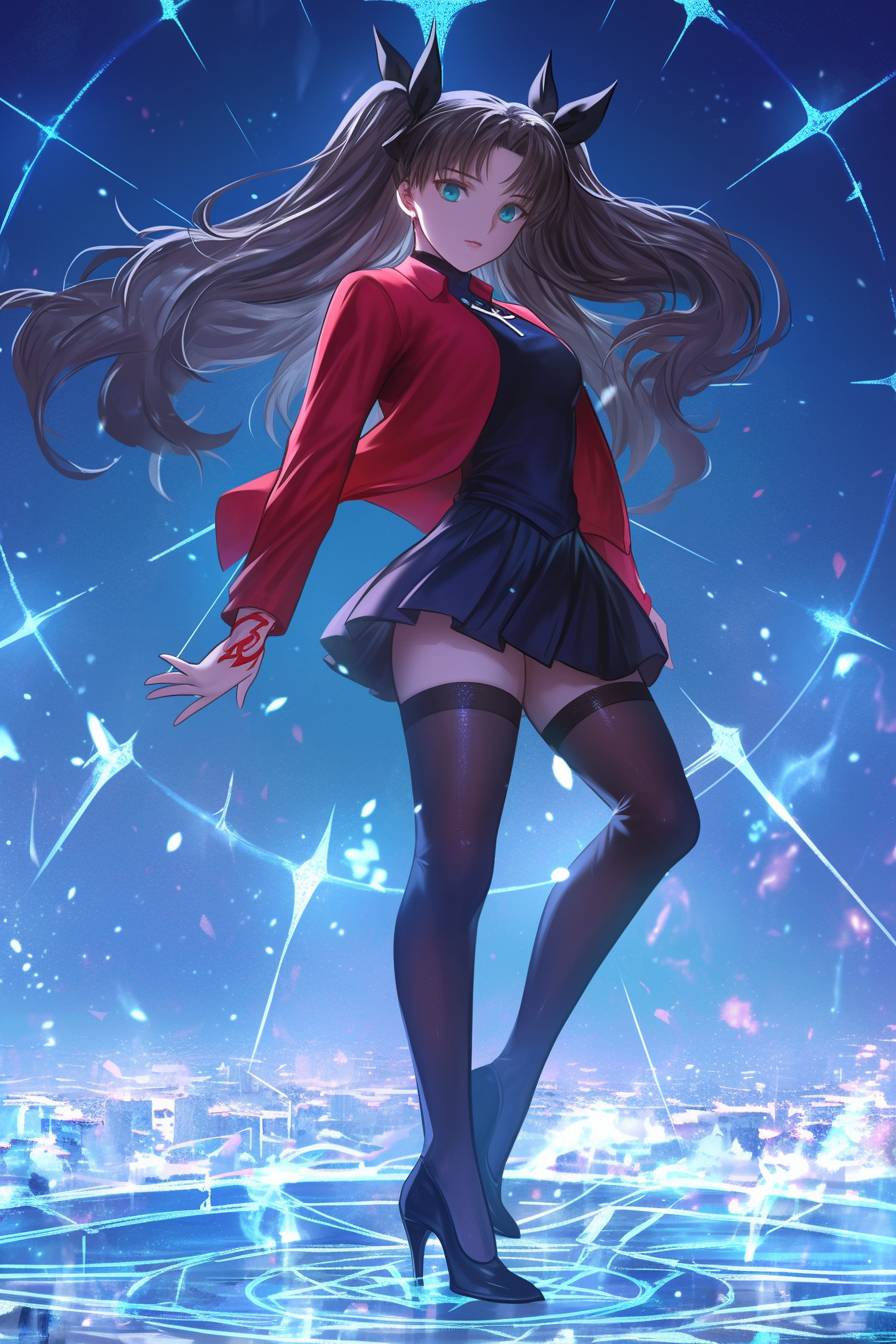 Rin Tohsaka de Fate/Stay Night exibe um estilo casual ousado inspirado em Lady Gaga com confiança.