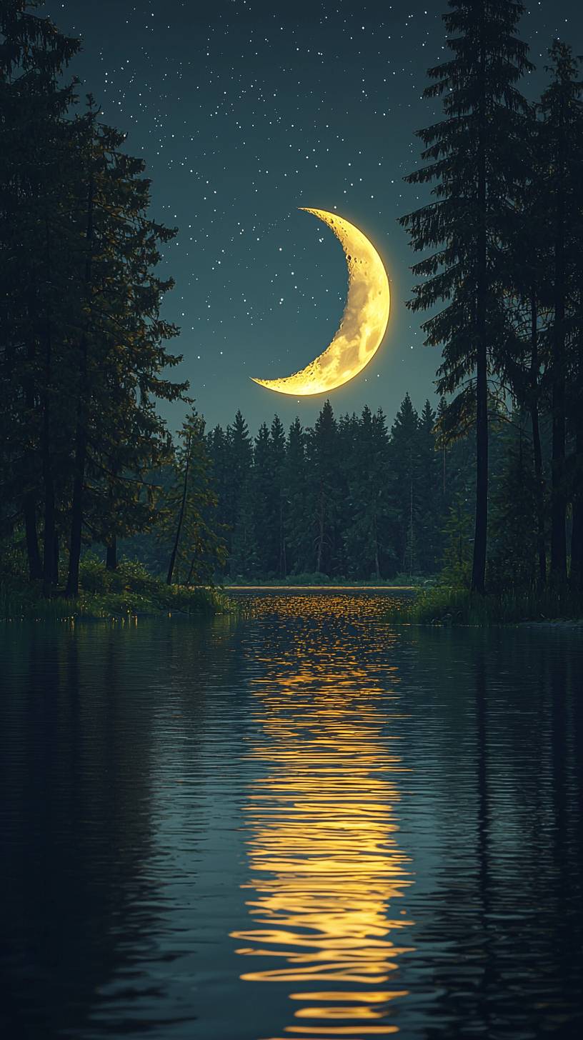 Un croissant de lune brillant au-dessus d'un lac tranquille, entouré de pins sombres.