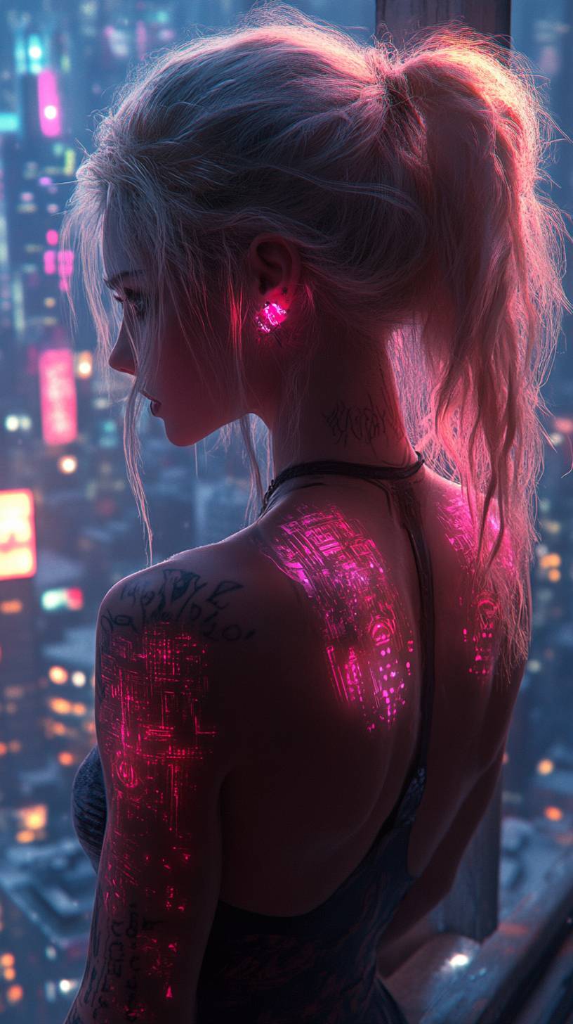 Une fille cyberpunk avec des tatouages holographiques, skyline de la ville derrière elle, couleurs vives.