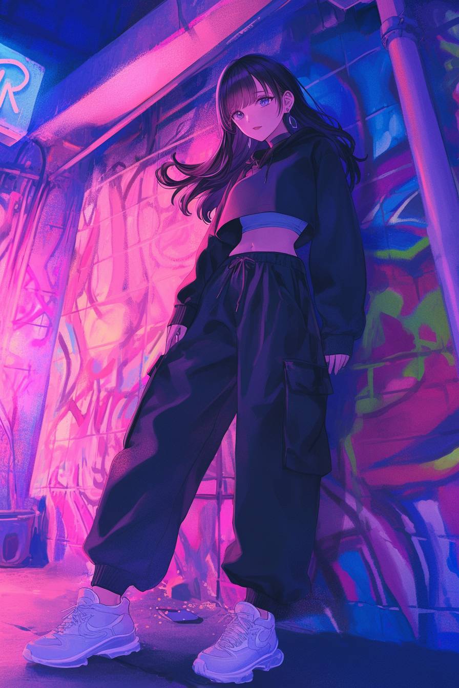 Chizuru Mizuhara de Rent-a-Girlfriend vistiendo el estilo urbano de Zendaya, con un hoodie corto, pantalones cargo y zapatillas, apoyada en una pared de graffiti.