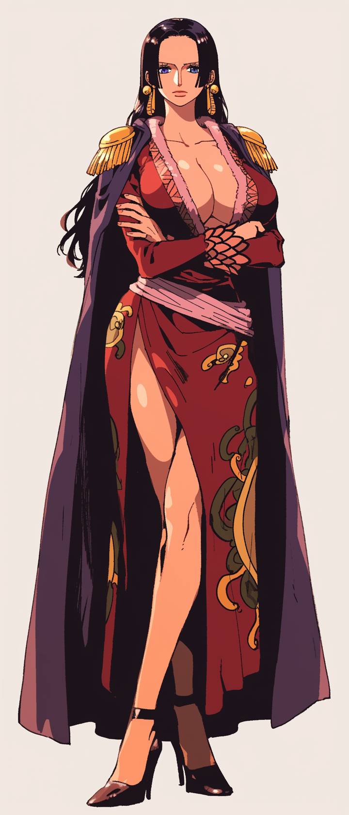 Sofia Vergara cosplays as Boa Hancock from One Piece, wearing a red Versace maxi dress and gold snake earrings.