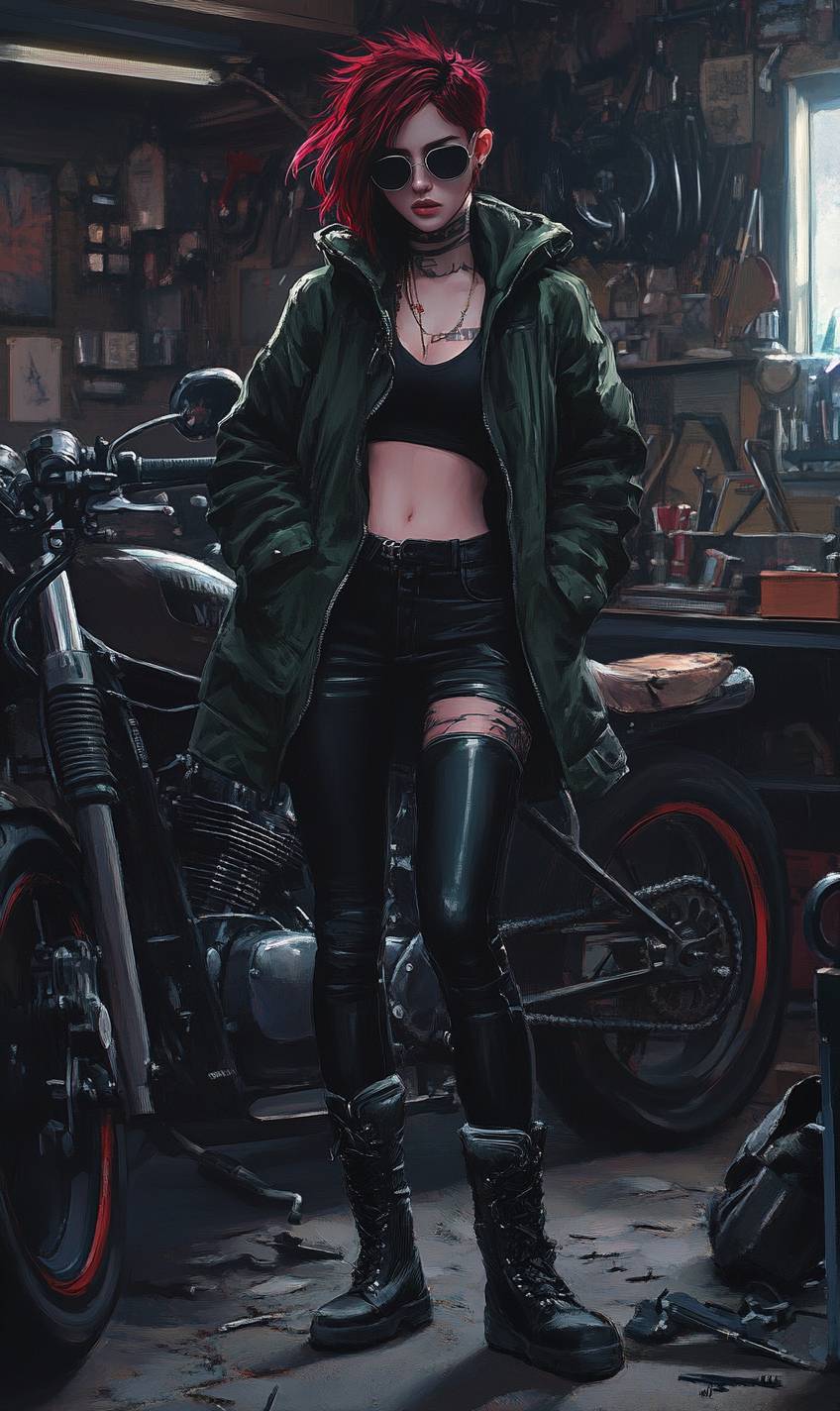 Una chica anime badass con cabello rojo corto y espigado, vestida con una parka verde oscura y pantalones de cuero negros en un garage de motocicletas.