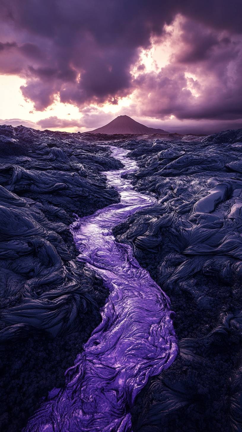 Uma paisagem vulcânica onde rios de prata derretida cortam a cinza negra sob um céu de tempestades violetas giratórias.