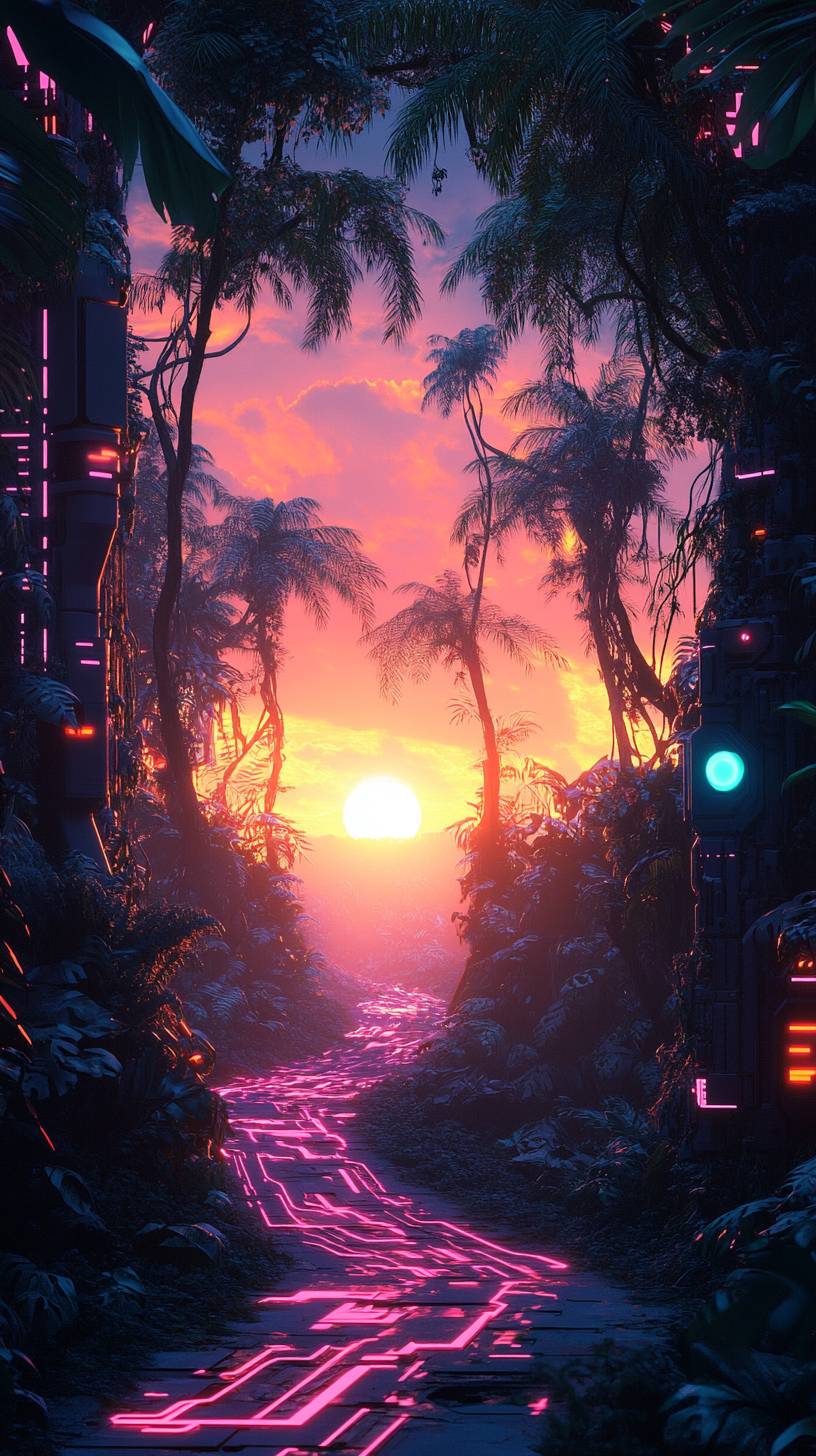 Une jungle cybernétique où des lianes robotiques pulsent avec des circuits néon, encadrées par un coucher de soleil orange et rose glitchy.