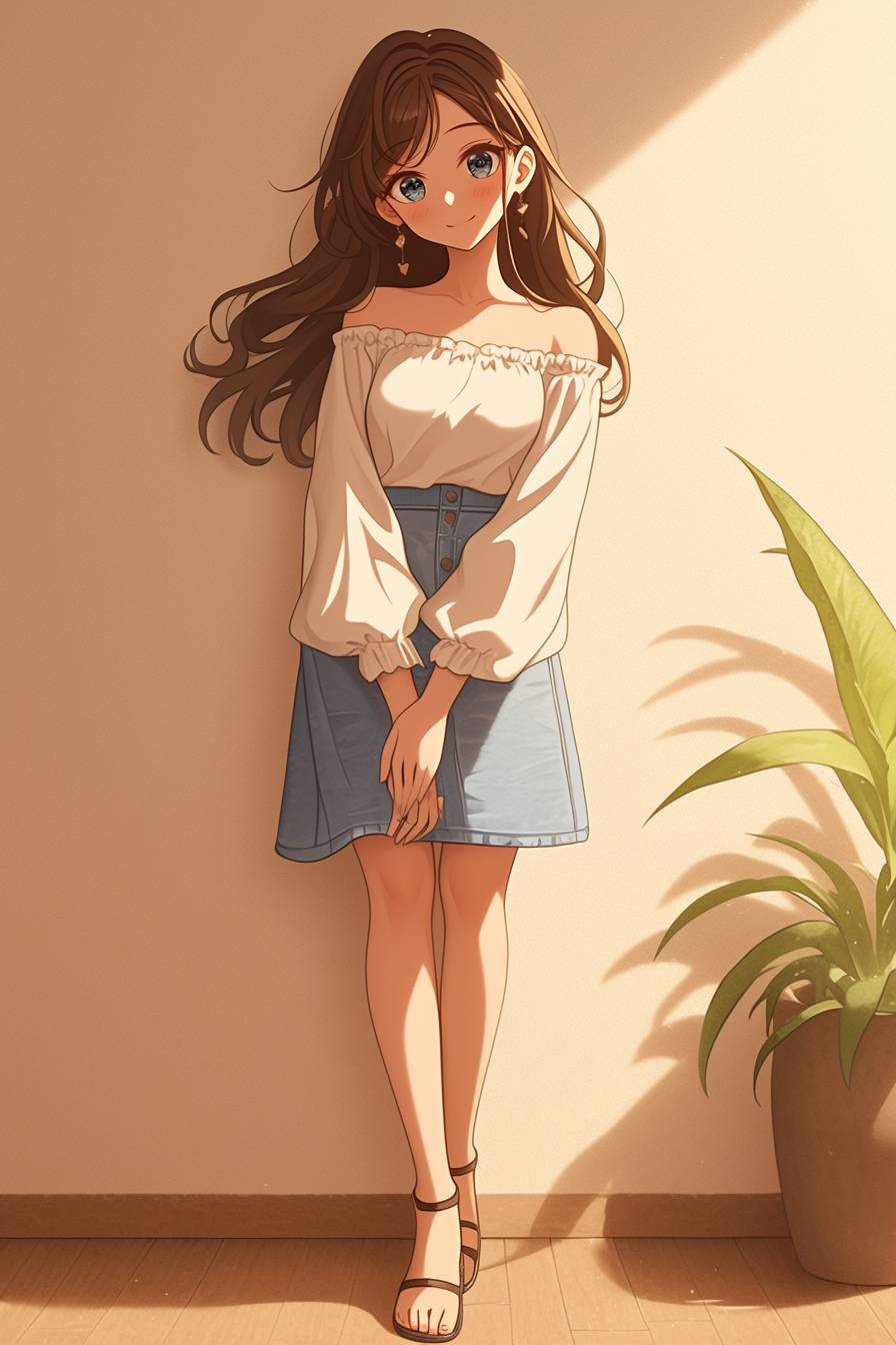 Um personagem vibrante em estilo anime inspirado por Chizuru Ichinose de Rent-a-Girlfriend, com cabelo longo castanho, blusa fluida e saia de jeans posando de forma doce contra uma parede bege clara.