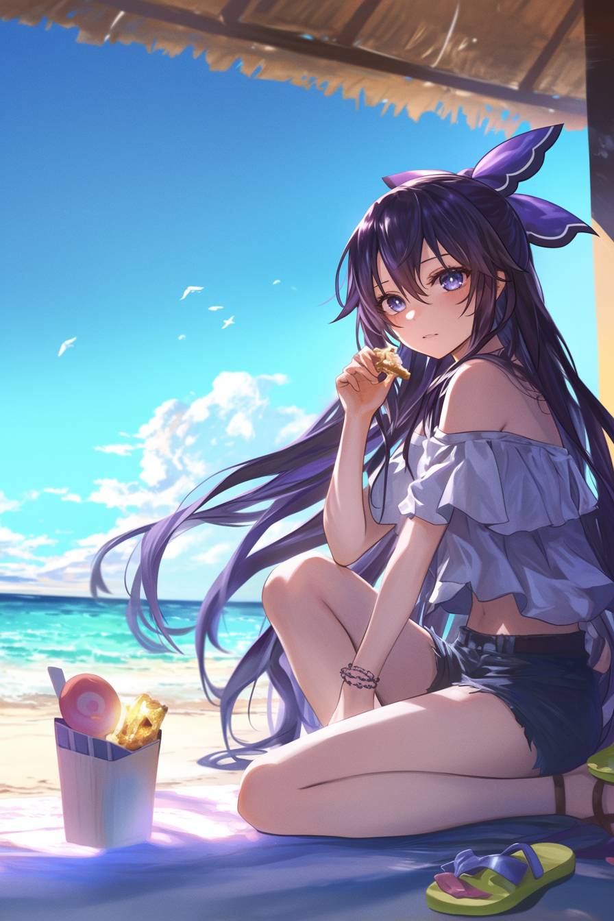 Tohka Yatogami de Date A Live disfruta de bocadillos en la playa con el estilo alegre de Halle Bailey.