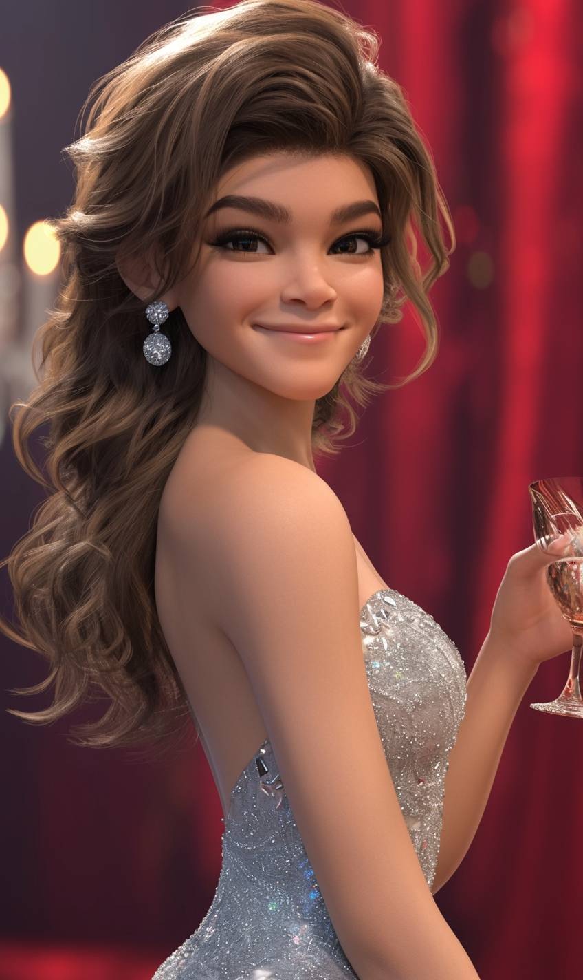 Zendaya usa um elegante vestido prateado, exibindo um sorriso confiante e moda luxuosa.