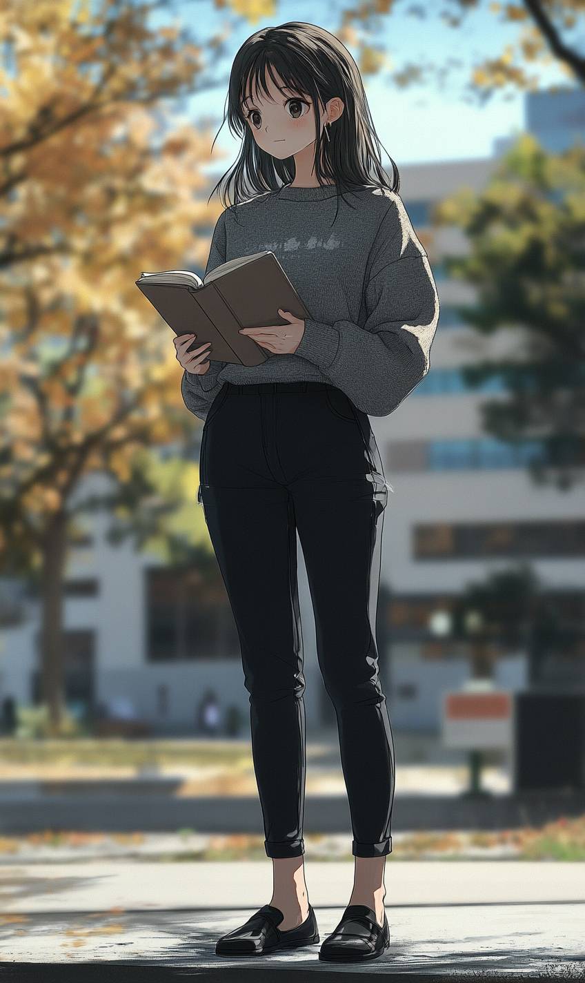 Ein intellektuelles Anime-Mädchen in einem grauen Pullover und schwarzen Hosen, das ein Buch auf dem Universitätsgelände hält.