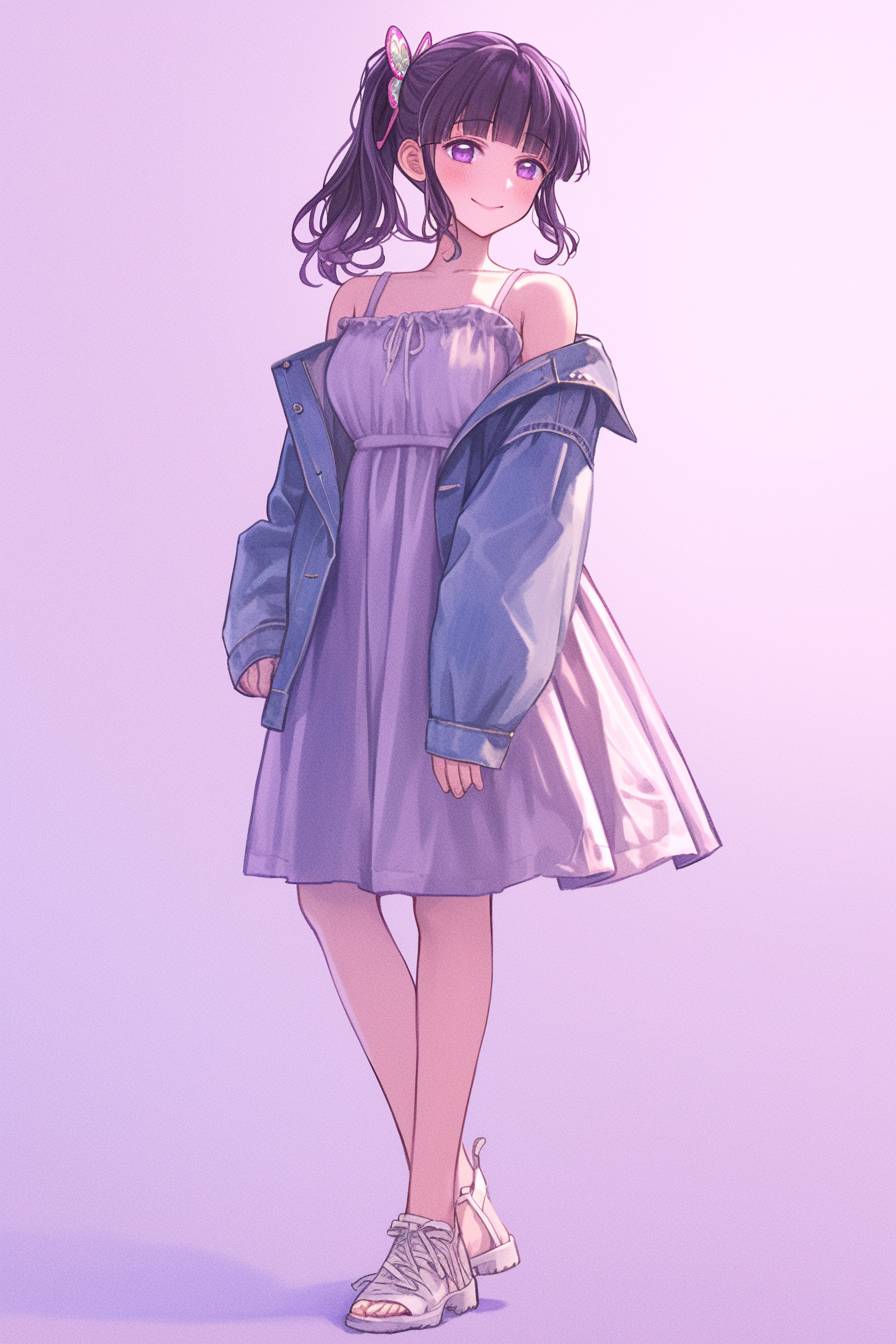 A gentle anime female character channeling Kanao Tsuyuri from Demon Slayer with side-ponytail hair, a flowy midi dress, denim jacket, and ballet flats posing softly against a plain lavender background.