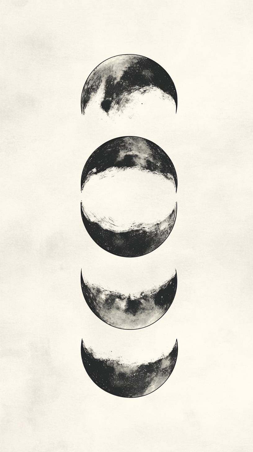 Hand-drawn moon phases with soft grayscale tones and a clean layout that emphasizes delicate simplicity.