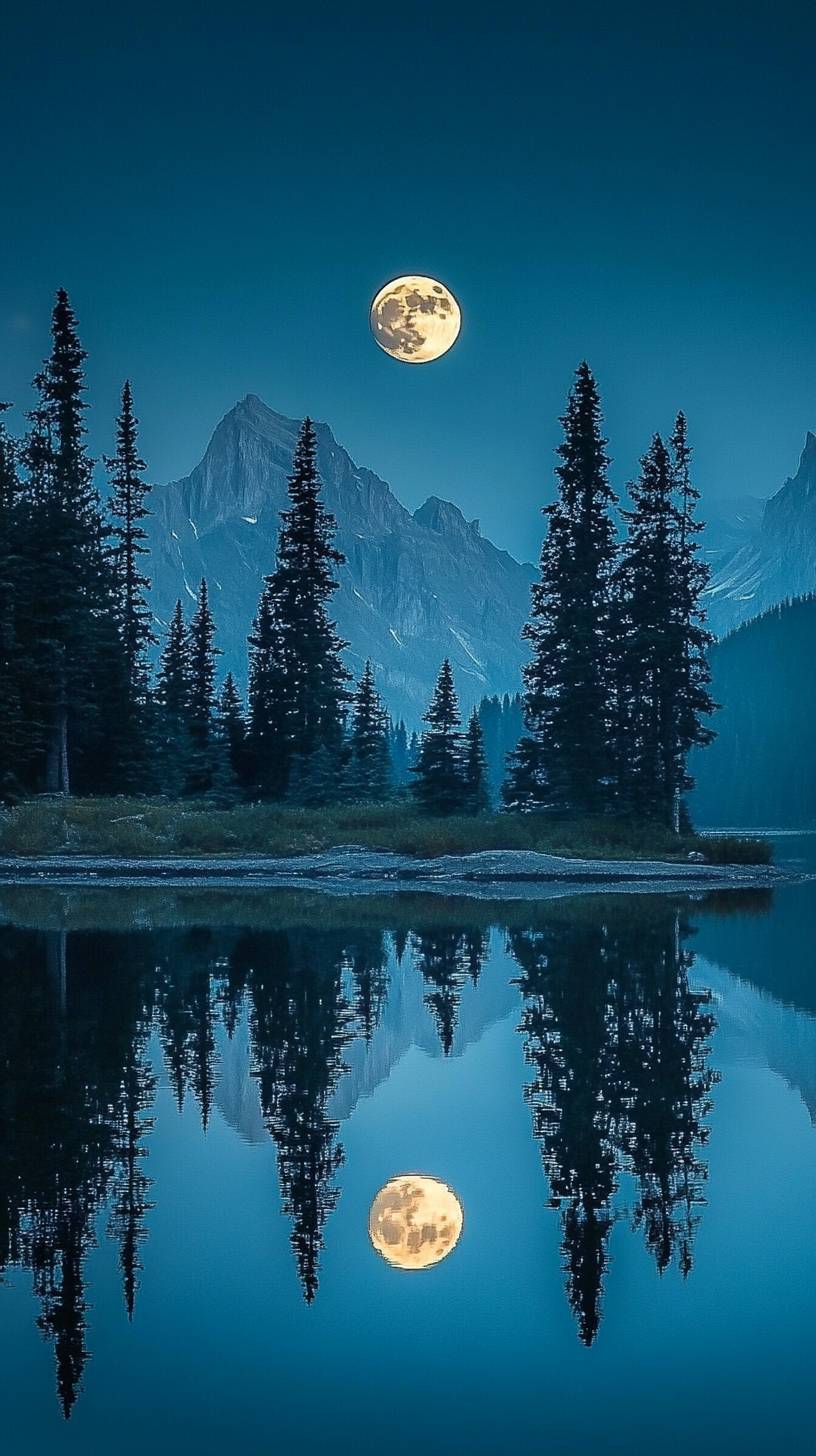 Un lac calme réfléchit une pleine lune et des pins