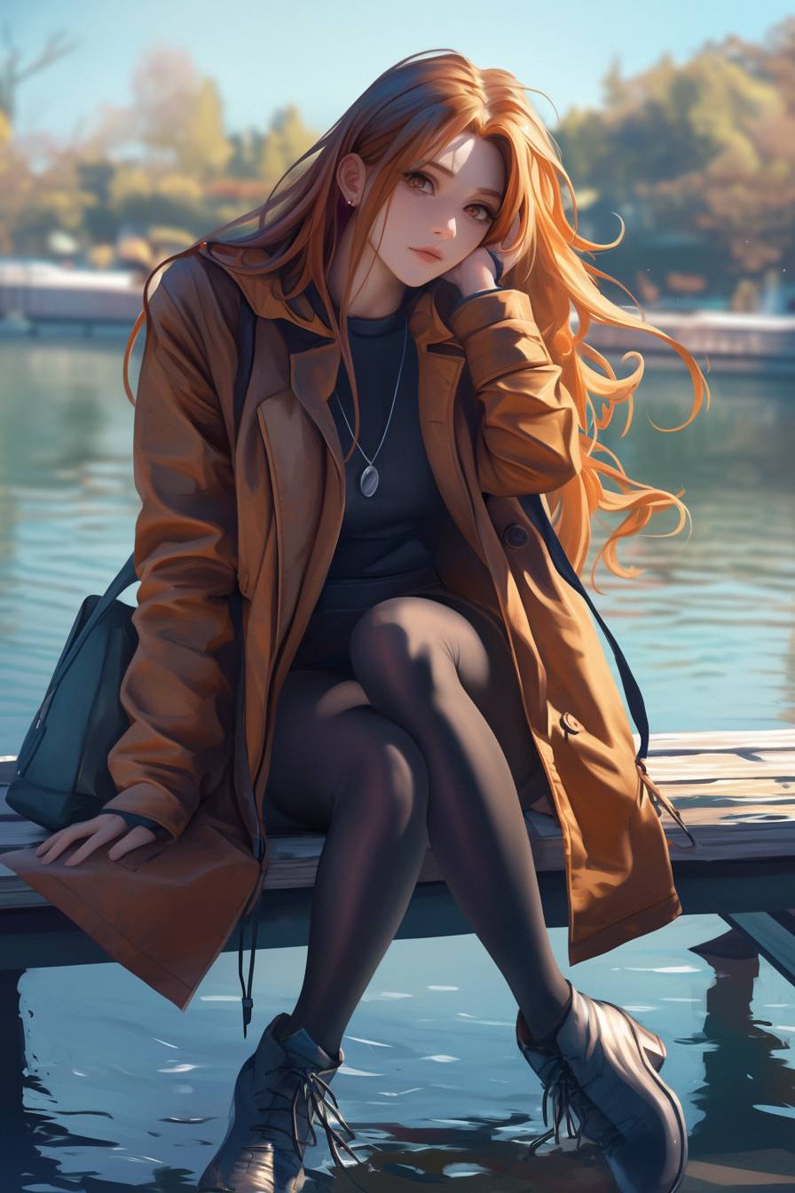 Asuna Yuuki de Sword Art Online vestindo o elegante casual de Scarlett Johansson, descansando à beira de um lago sereno.