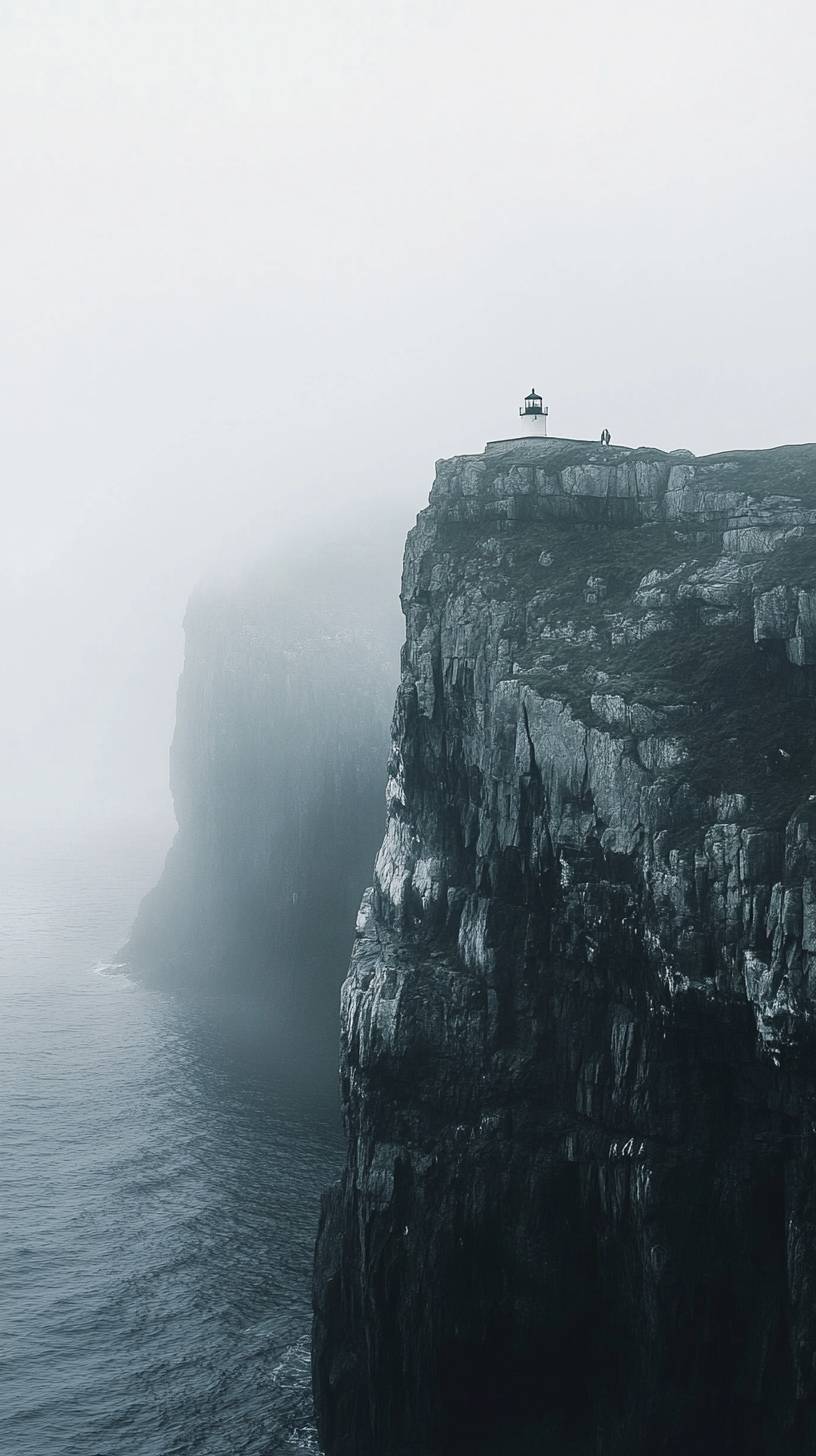 Lighthouse on a seaside cliff in fog