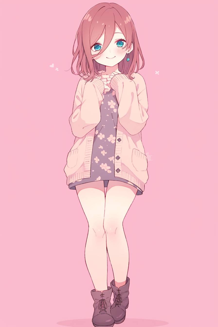 A character inspired by Miku Nakano from The Quintessential Quintuplets, with brown hair in a cardigan dress against a light pink background.