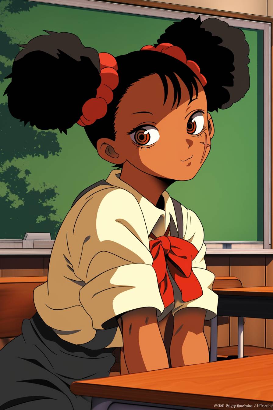 Amandla Stenberg cosplaying as Yoru from Chainsaw Man in a school uniform with a devilish smirk.