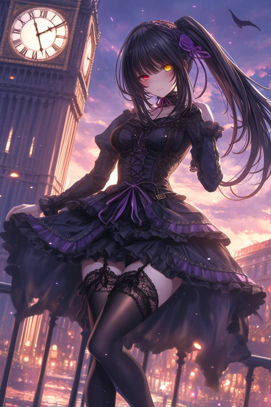 Kurumi Tokisaki de Date A Live vistiendo el estilo romántico de Lily Collins, en un vestido con encajes y cárdigan junto a una torre del reloj al atardecer.