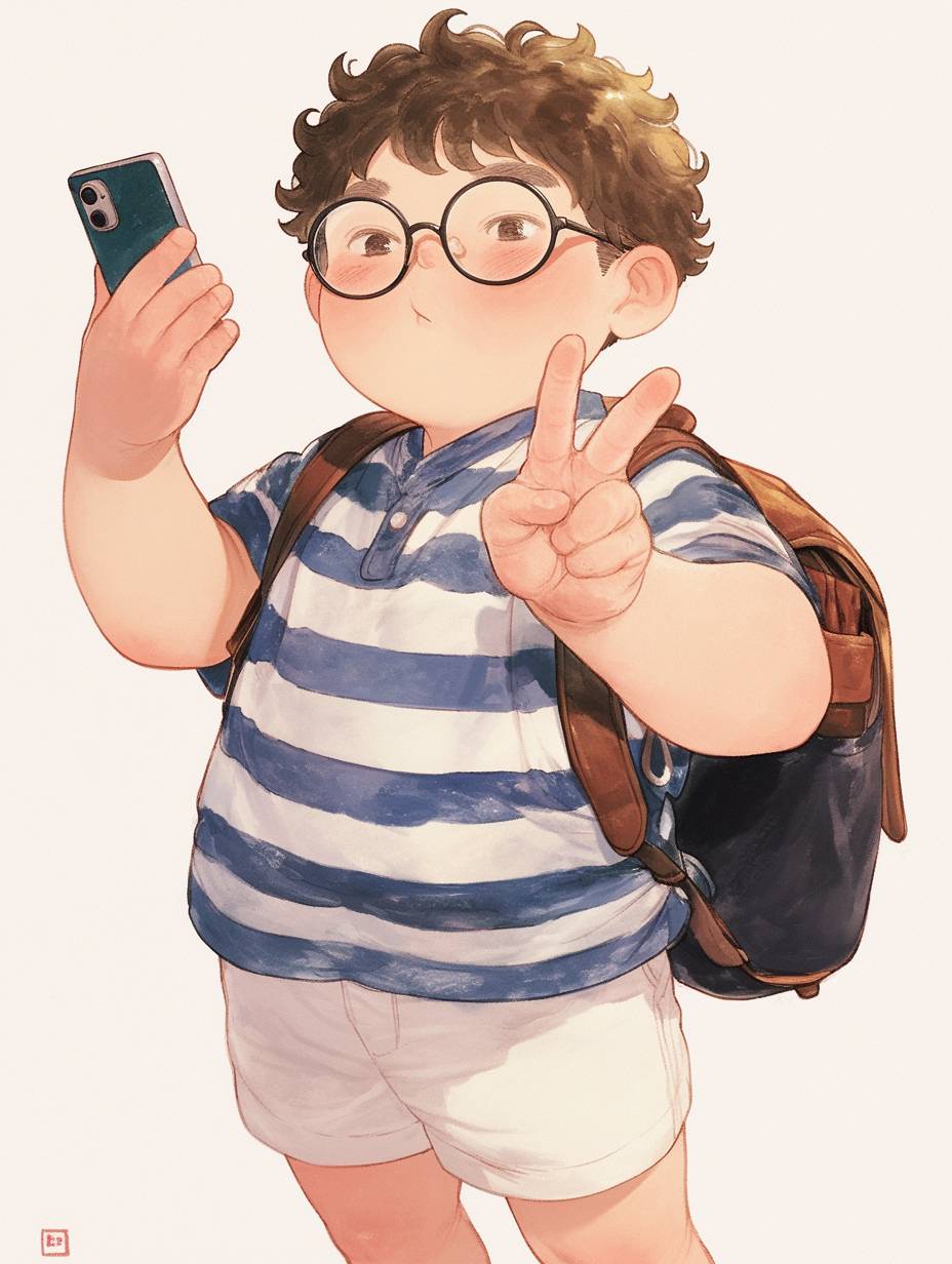 A cute 25-year-old boy in black glasses, wearing a striped shirt and white shorts, taking pictures with his phone.