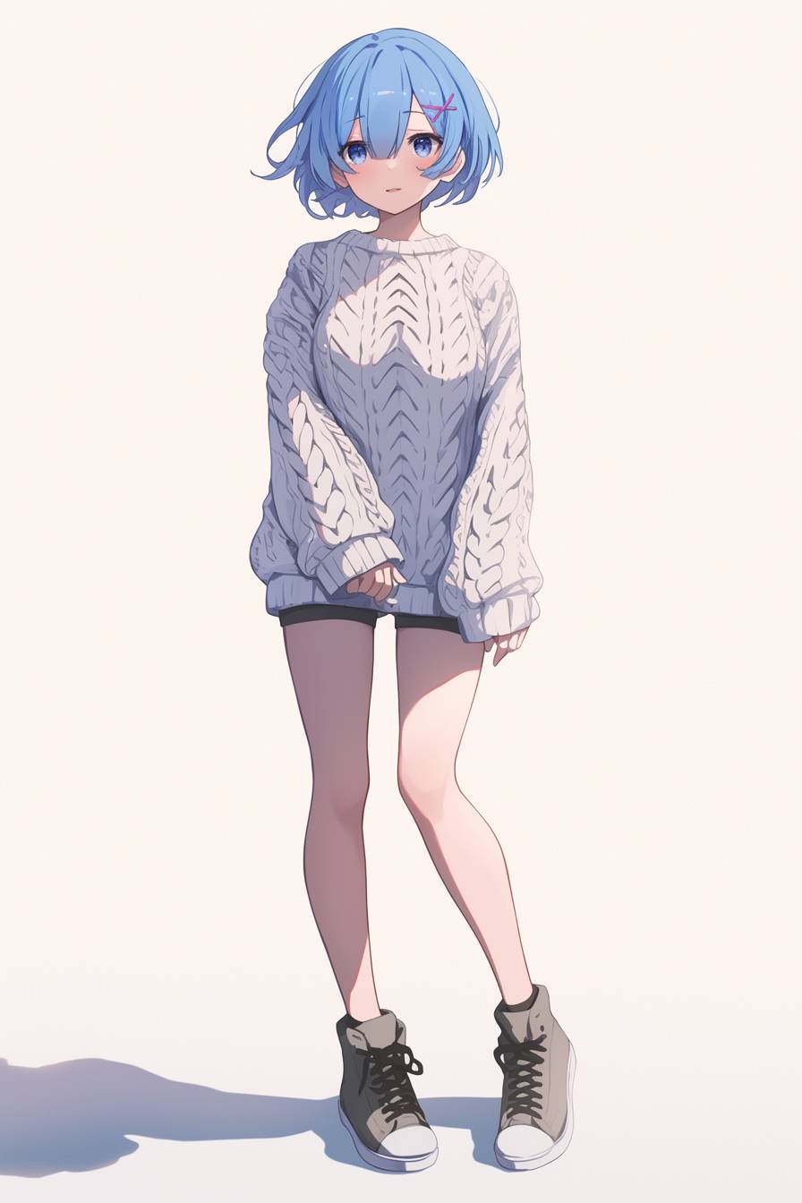 Un encantador personaje de estilo anime inspirado en Rem de Re:Zero, con cabello corto azul, usando un suéter de punto, pantalones cortos y zapatillas altas.