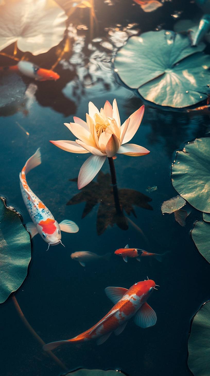 Un étang de lotus tranquille avec des carpes koi dans une lumière douce.