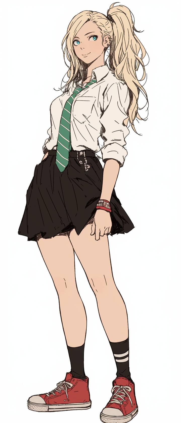 Selena Gomez cosplaying as Maka Albarn from Soul Eater, wearing a Coach black skirt, white blouse, green tie, and red sneakers.