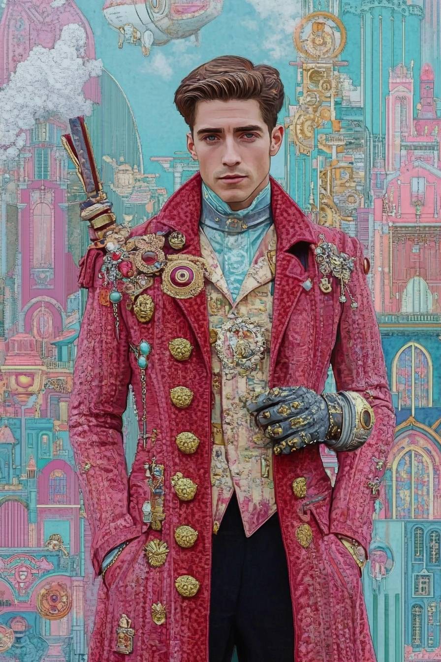 Jake Gyllenhaal cosplaying as Edward Elric from Fullmetal Alchemist in a red coat with an automail arm, set in a vibrant steampunk city in anime style.