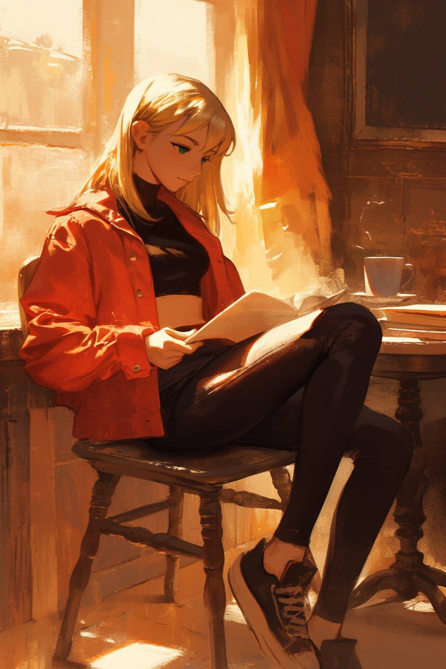 Maka Albarn de Soul Eater vistiendo la ropa casual de moda de Bella Hadid, leyendo en un café tranquilo.