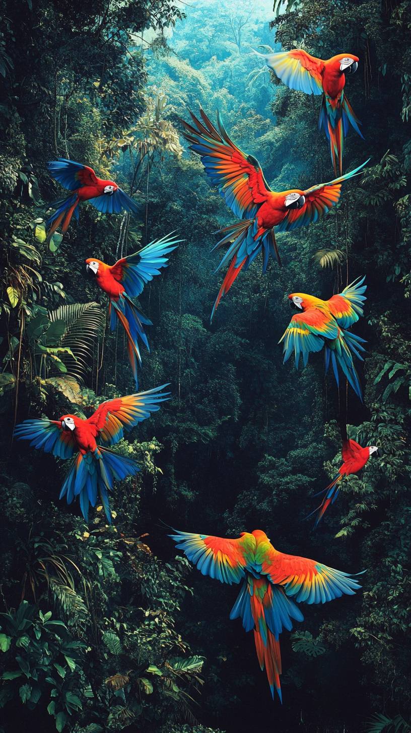 Vibrant parrots flying in the lush rainforest canopy.