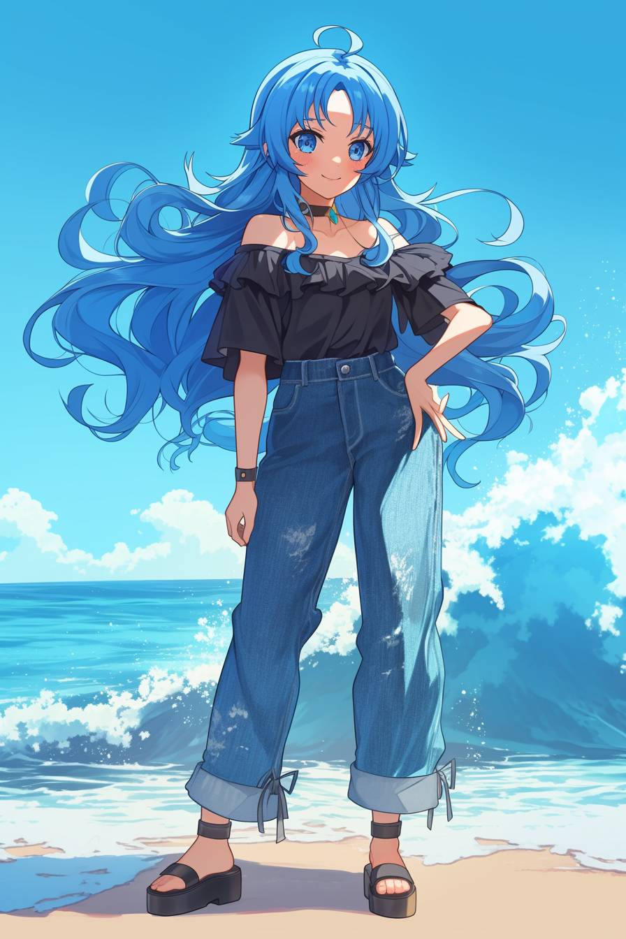 Ein Charakter inspiriert von Roxy Migurdia aus Mushoku Tensei, mit blauen Haaren in einem lockeren Off-Shoulder-Top und weiten Jeans.