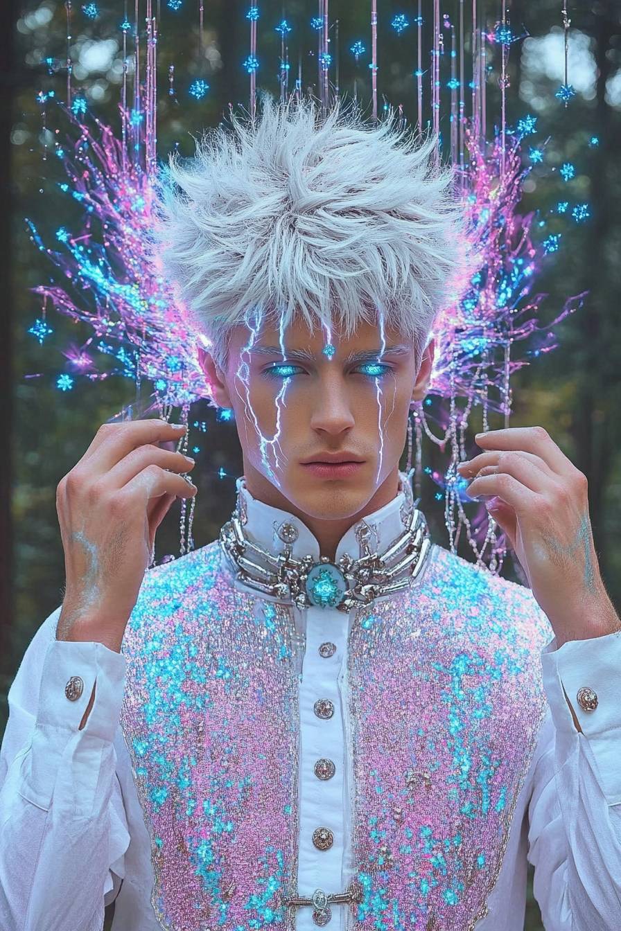 Zac Efron cosplaying as Killua Zoldyck from Hunter x Hunter, wearing a white shirt and silver hair with an electric aura in a dark forest.