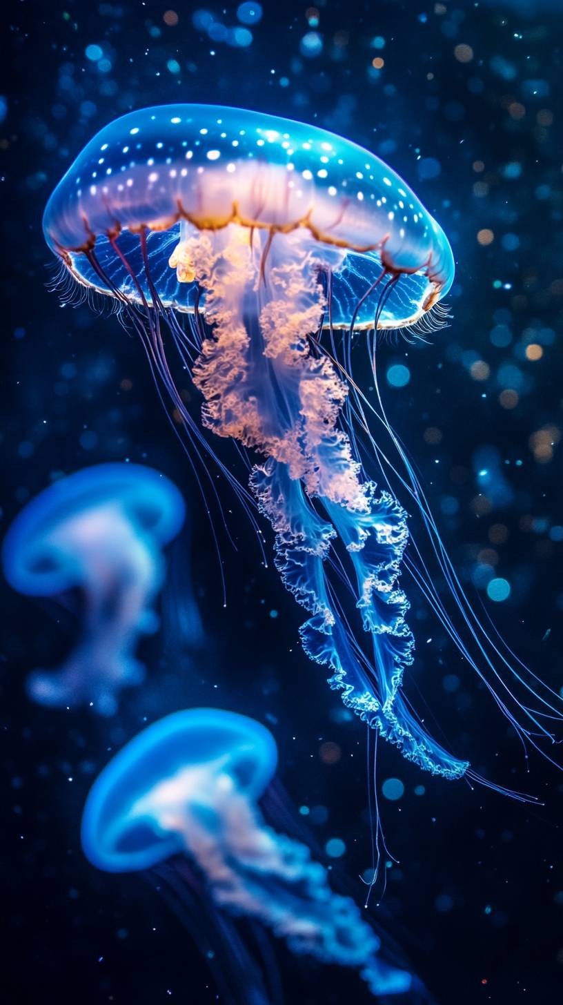 Glowing jellyfish in a deep blue underwater scene